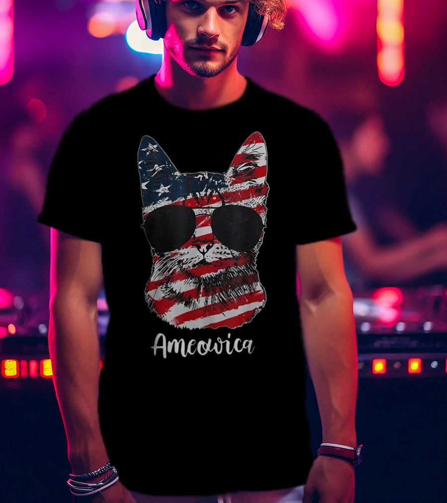 Ameowica American Flag Cat With Sunglasses T-Shirt