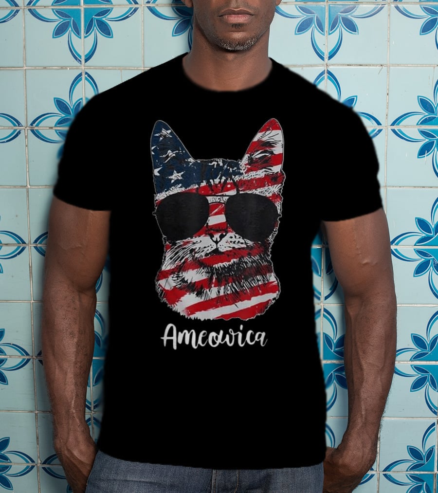 Ameowica American Flag Cat With Sunglasses T-Shirt