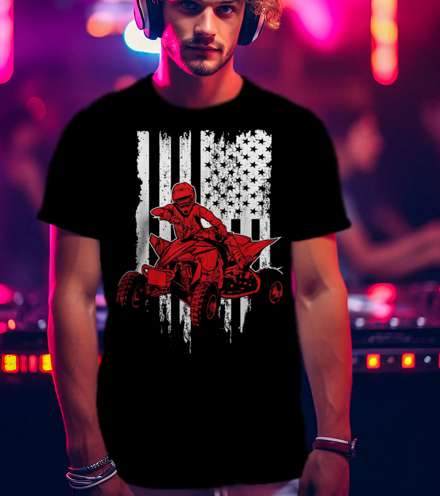 American 4 Wheeler ATV With Grunge USA Flag Background T-Shirt