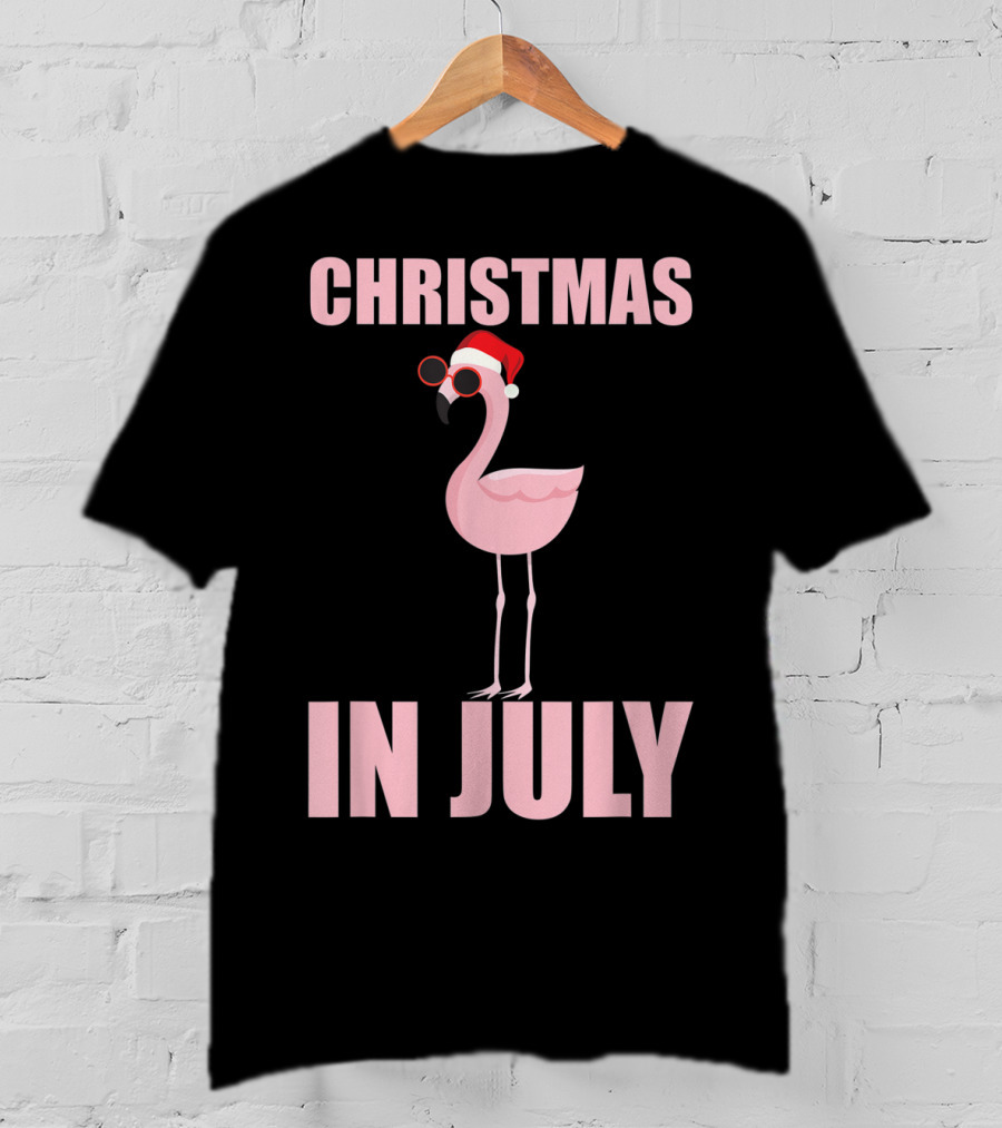 Christmas In July Funny Flamingo In Santa Hat T-Shirt