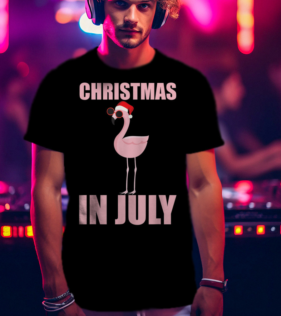 Christmas In July Funny Flamingo In Santa Hat T-Shirt
