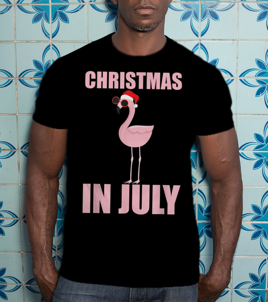Christmas In July Funny Flamingo In Santa Hat T-Shirt