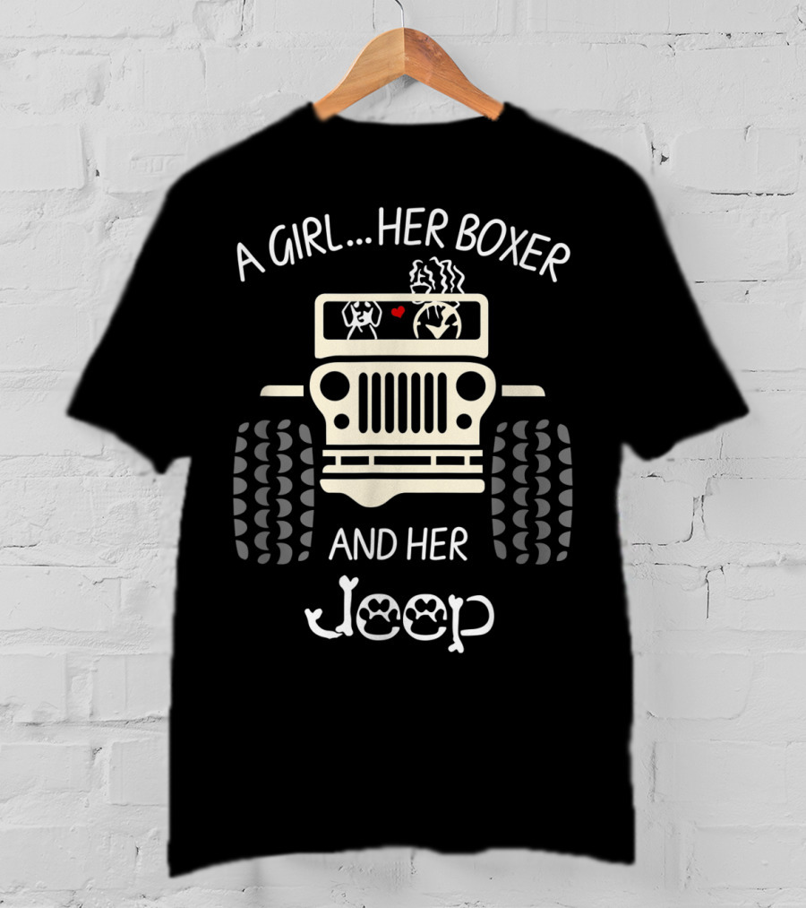 A Girl Her Boxer And Her Jeep Tire Tracks Dog Heart T-Shirt