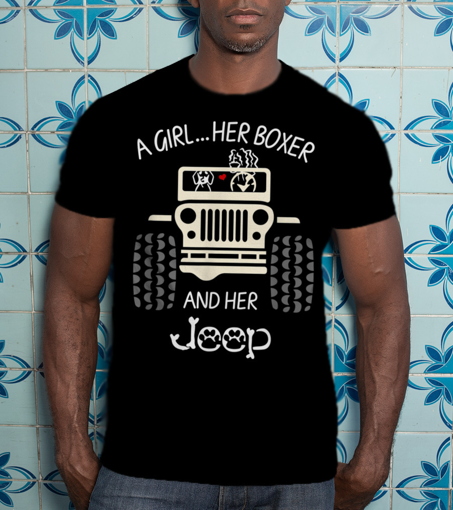 A Girl Her Boxer And Her Jeep Tire Tracks Dog Heart T-Shirt