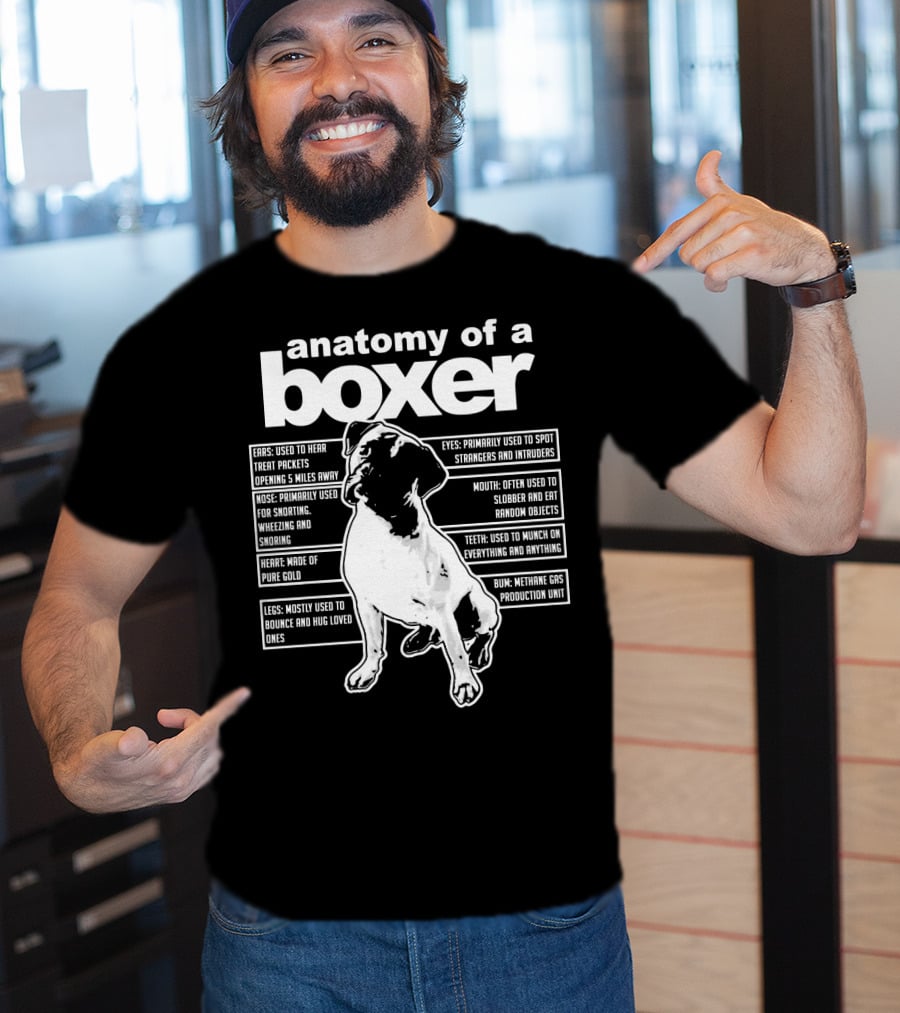 Anatomy Of A Boxer Funny Boxer With Ears Eyes Nose Mouth Heart Legs Teeth Bun T-Shirt