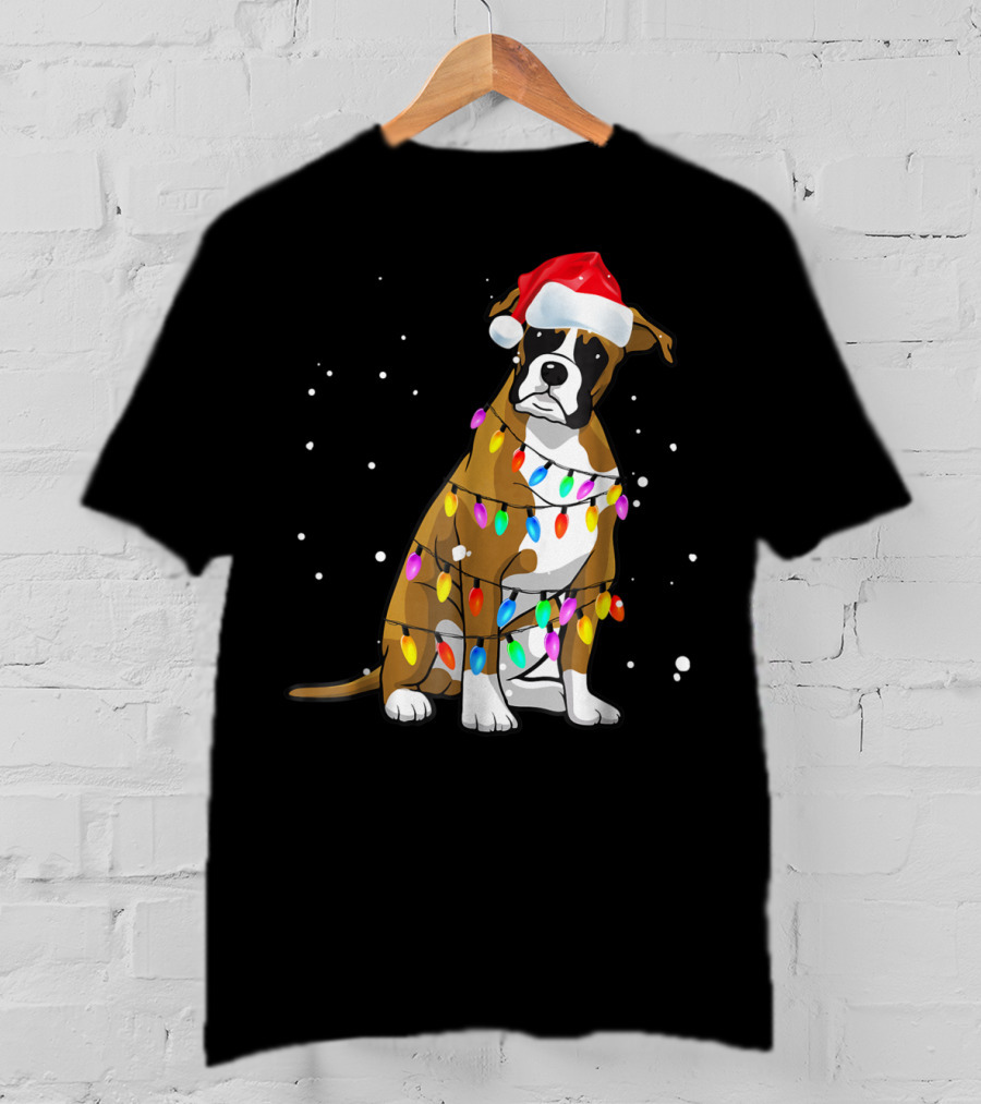 Boxer Dog Wrapped In Christmas Lights Wearing Santa Hat T-Shirt