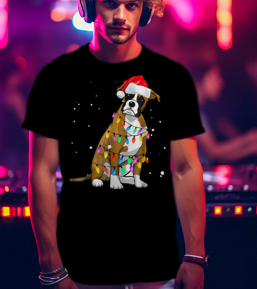 Boxer Dog Wrapped In Christmas Lights Wearing Santa Hat T-Shirt