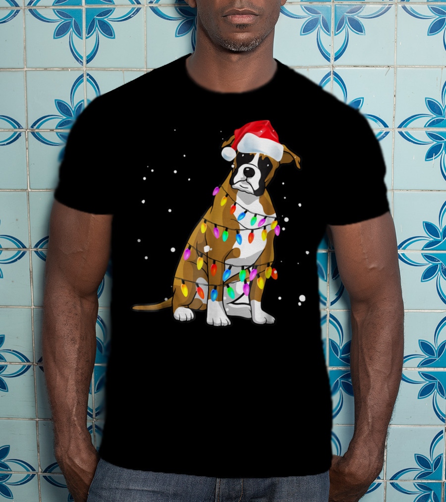 Boxer Dog Wrapped In Christmas Lights Wearing Santa Hat T-Shirt