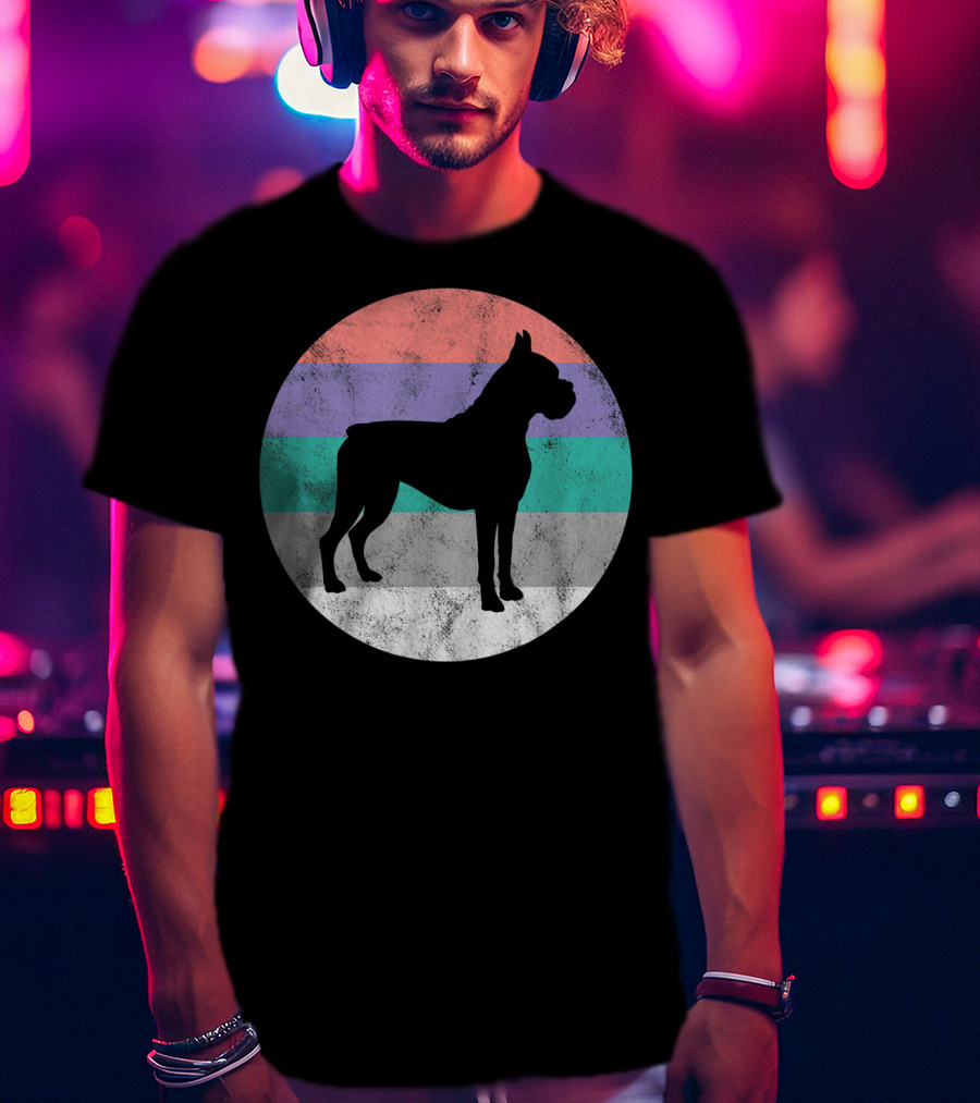 Boxer Dog Silhouette With Striped Circle Retro T-Shirt