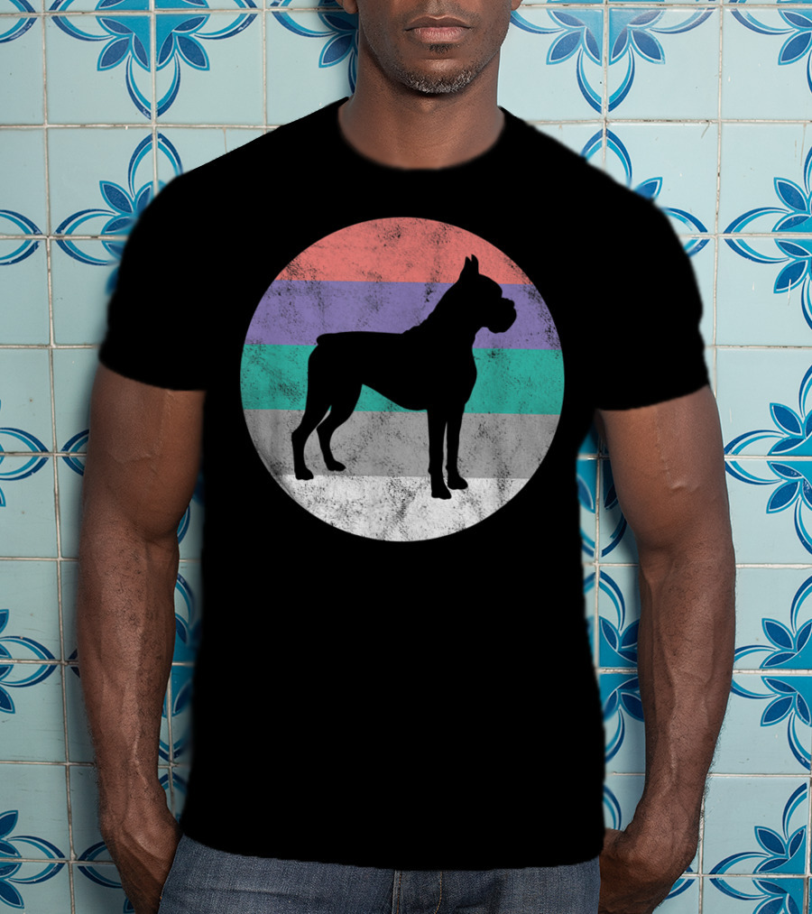 Boxer Dog Silhouette With Striped Circle Retro T-Shirt