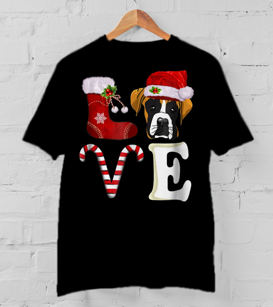 Boxer Dog Love Christmas Light With Santa Hat And Candy Cane T-Shirt