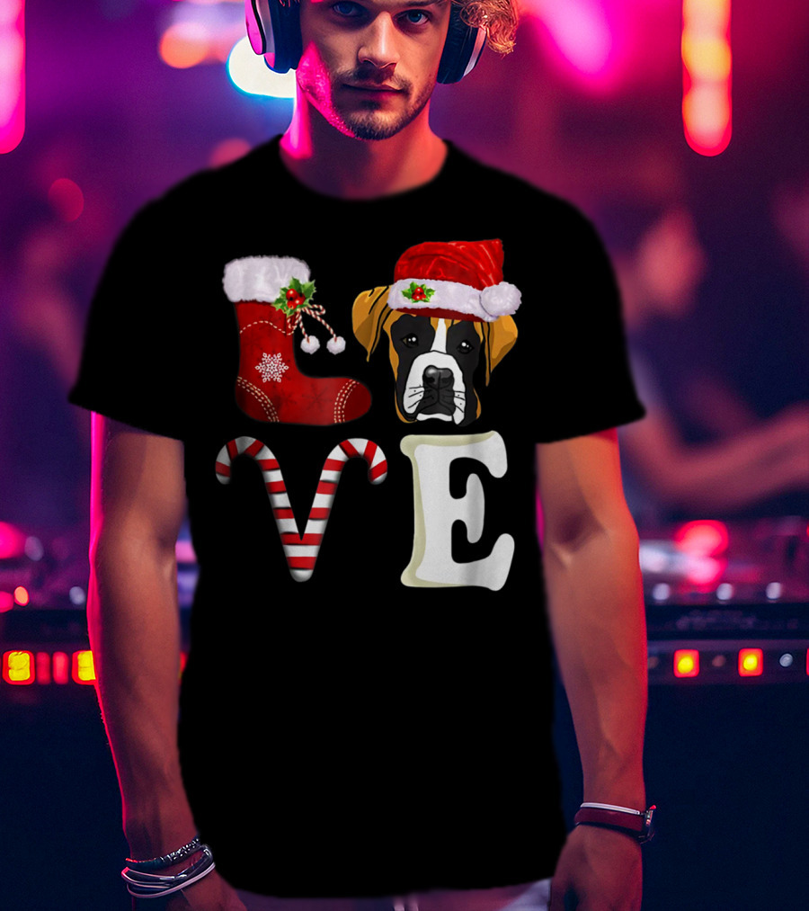 Boxer Dog Love Christmas Light With Santa Hat And Candy Cane T-Shirt