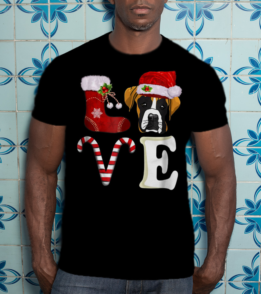 Boxer Dog Love Christmas Light With Santa Hat And Candy Cane T-Shirt