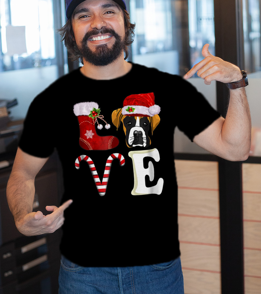Boxer Dog Love Christmas Light With Santa Hat And Candy Cane T-Shirt