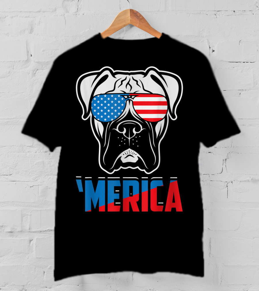 Boxer Dog In American Flag Sunglasses 'Merica Patriot T-Shirt