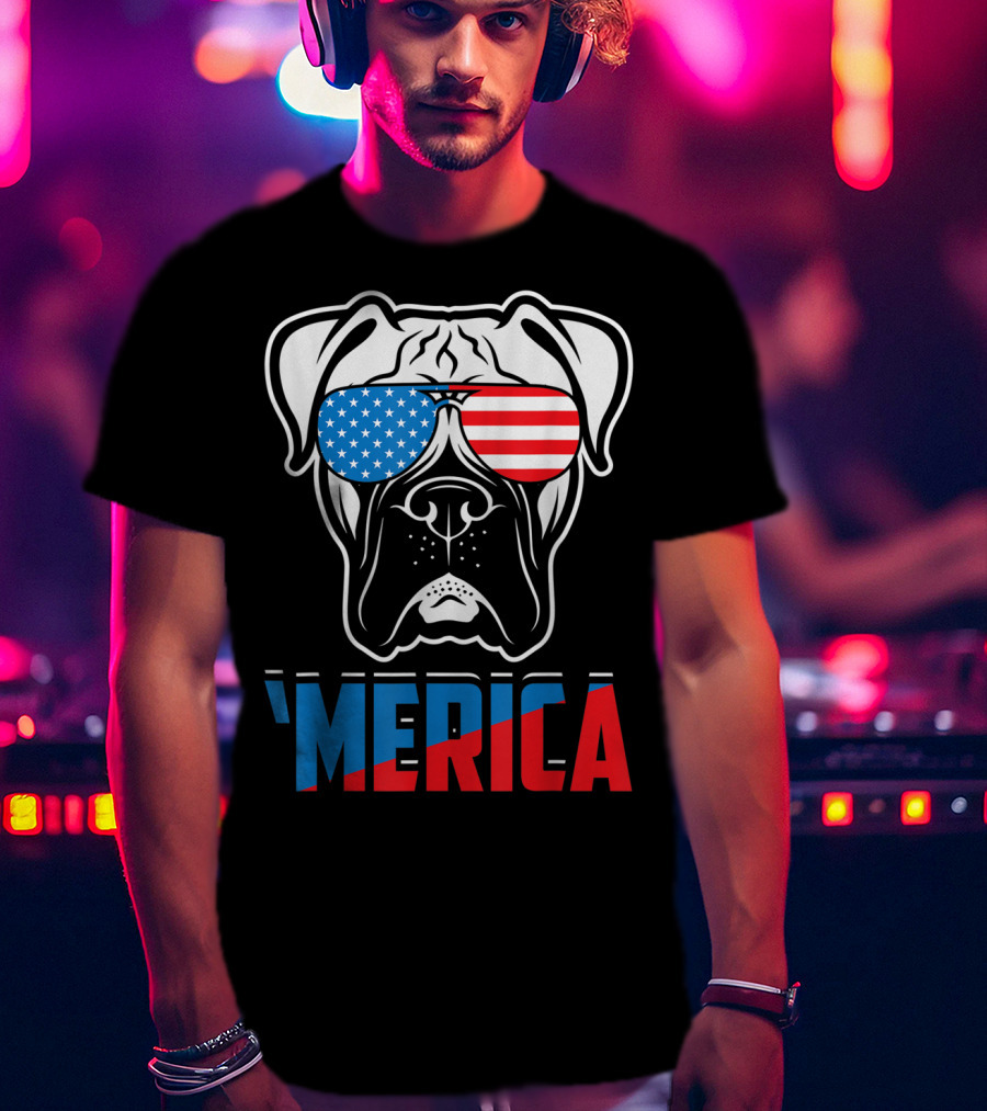 Boxer Dog In American Flag Sunglasses 'Merica Patriot T-Shirt