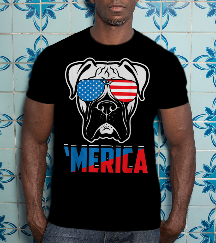 Boxer Dog In American Flag Sunglasses 'Merica Patriot T-Shirt