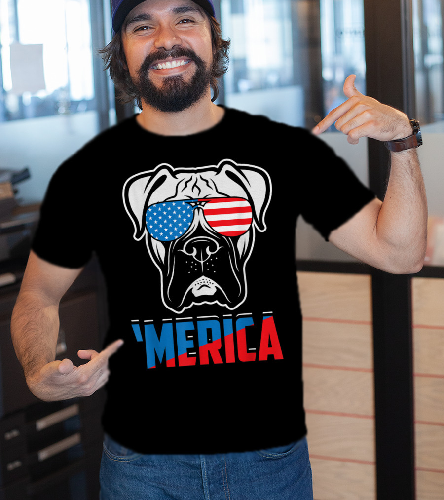 Boxer Dog In American Flag Sunglasses 'Merica Patriot T-Shirt