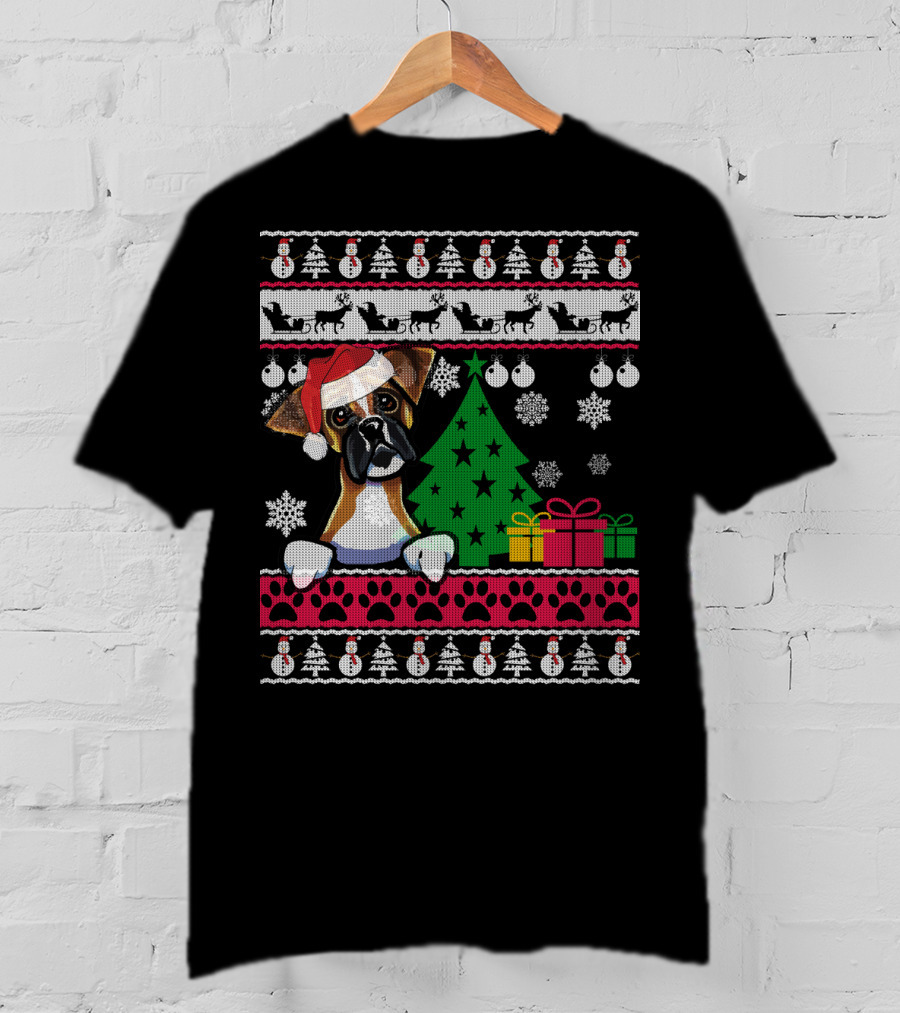 Boxer Dog Santa Hat Ugly Christmas Holiday Tree Gifts Snowflakes Festive T-Shirt