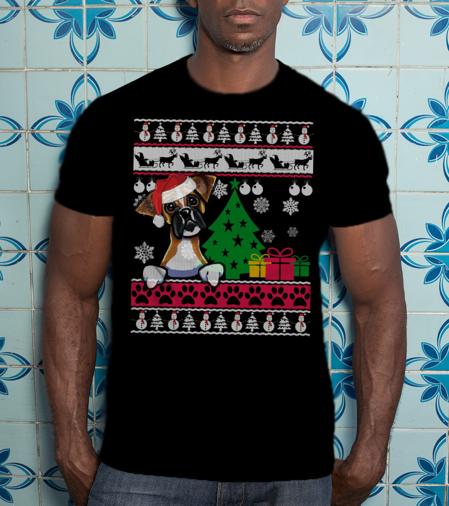 Boxer Dog Santa Hat Ugly Christmas Holiday Tree Gifts Snowflakes Festive T-Shirt