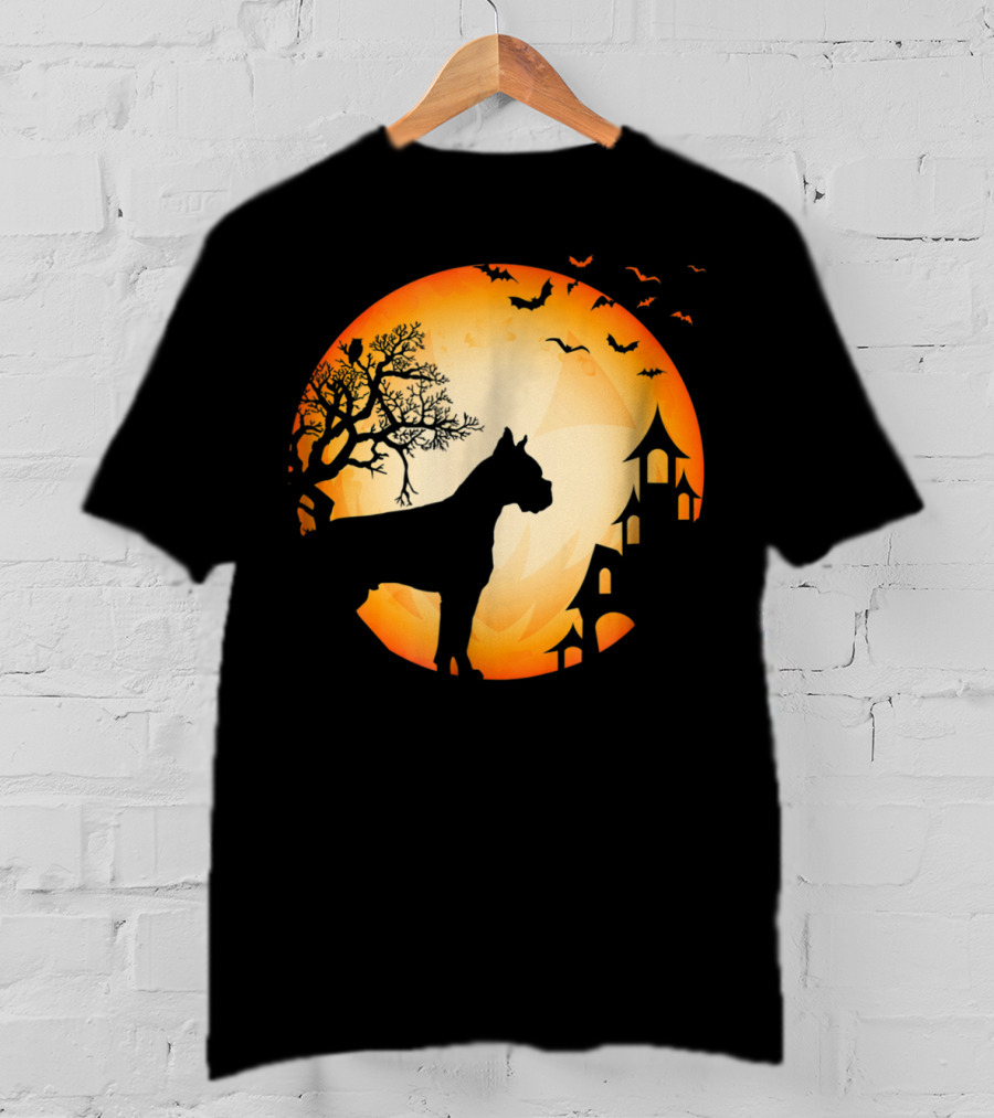 Scary Boxer Dog Halloween Moon With Bats And Haunted House Scene T-Shirt