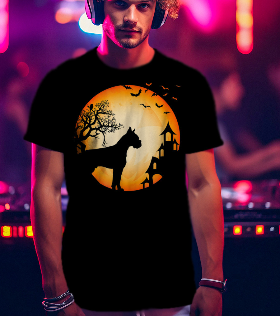 Scary Boxer Dog Halloween Moon With Bats And Haunted House Scene T-Shirt