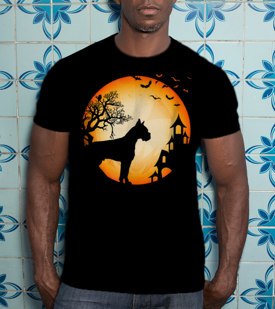 Scary Boxer Dog Halloween Moon With Bats And Haunted House Scene T-Shirt