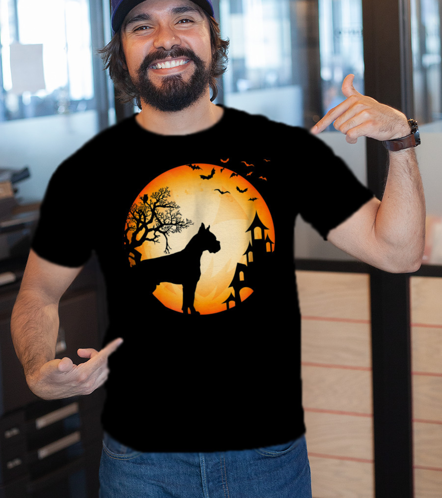 Scary Boxer Dog Halloween Moon With Bats And Haunted House Scene T-Shirt