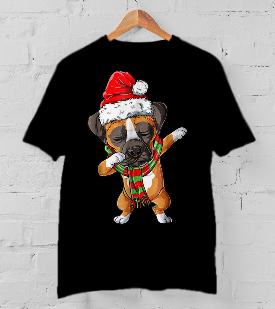 Dabbing Boxer Dog In Santa Hat With Christmas Scarf T-Shirt