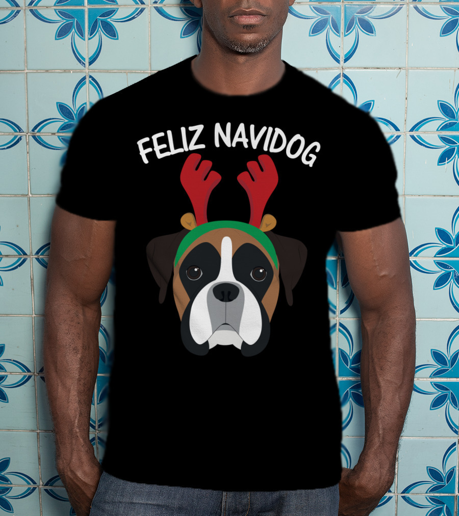 Feliz Navidog Navidad Boxer Dog Reindeer Antlers T-Shirt