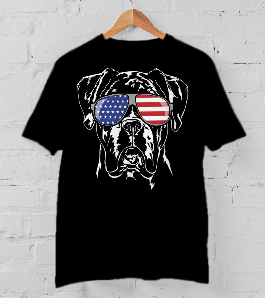 Funny American Flag Sunglasses Boxer Dog Pride T-Shirt