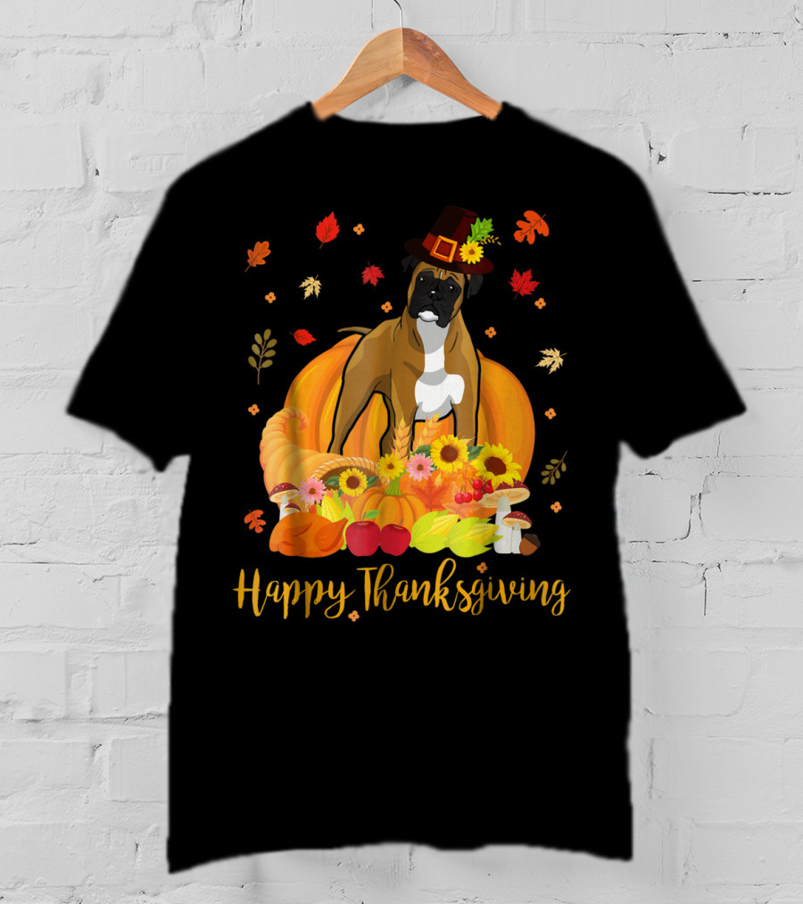 Thanksgiving Boxer Dog With Pilgrim Hat And Harvest Feast T-Shirt