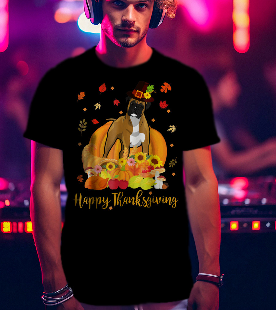 Thanksgiving Boxer Dog With Pilgrim Hat And Harvest Feast T-Shirt