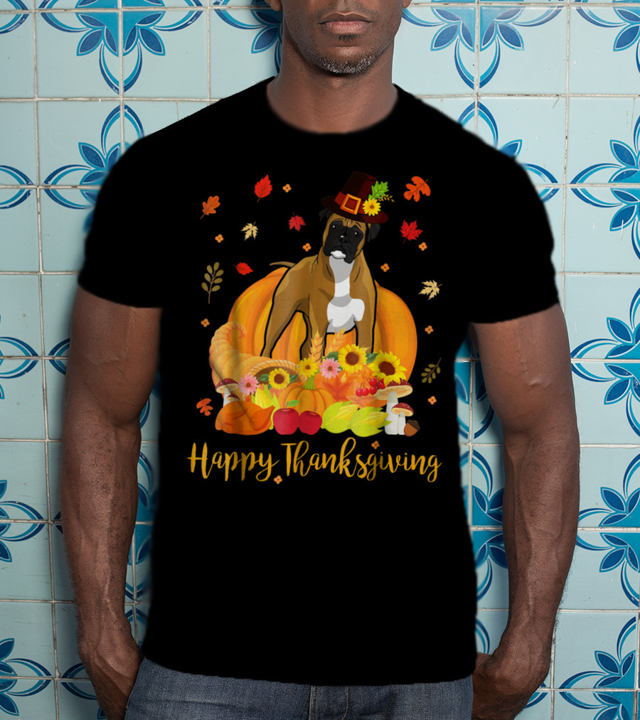Thanksgiving Boxer Dog With Pilgrim Hat And Harvest Feast T-Shirt