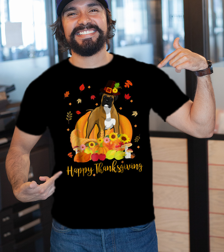 Thanksgiving Boxer Dog With Pilgrim Hat And Harvest Feast T-Shirt