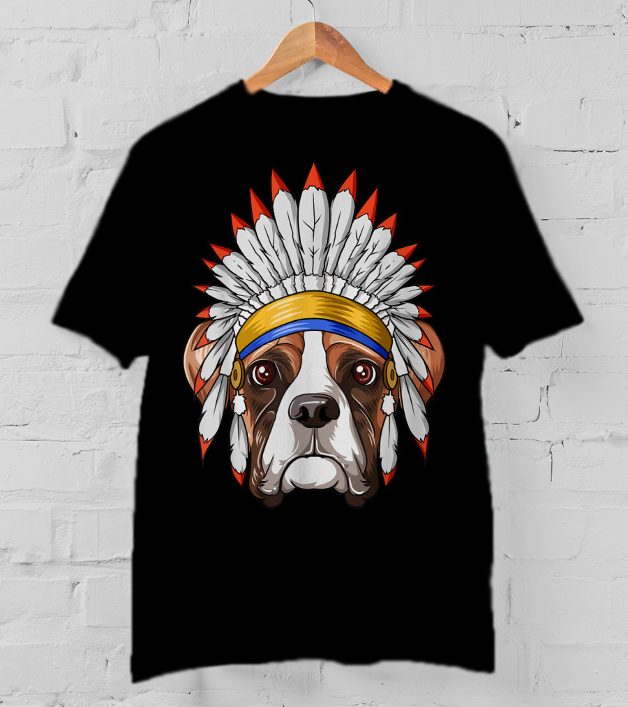 Native Indian American Boxer Feather Headdress Boxer Dog T-Shirt