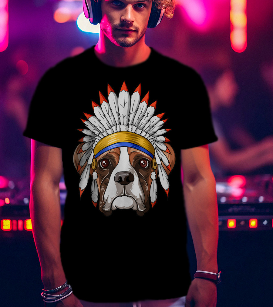 Native Indian American Boxer Feather Headdress Boxer Dog T-Shirt