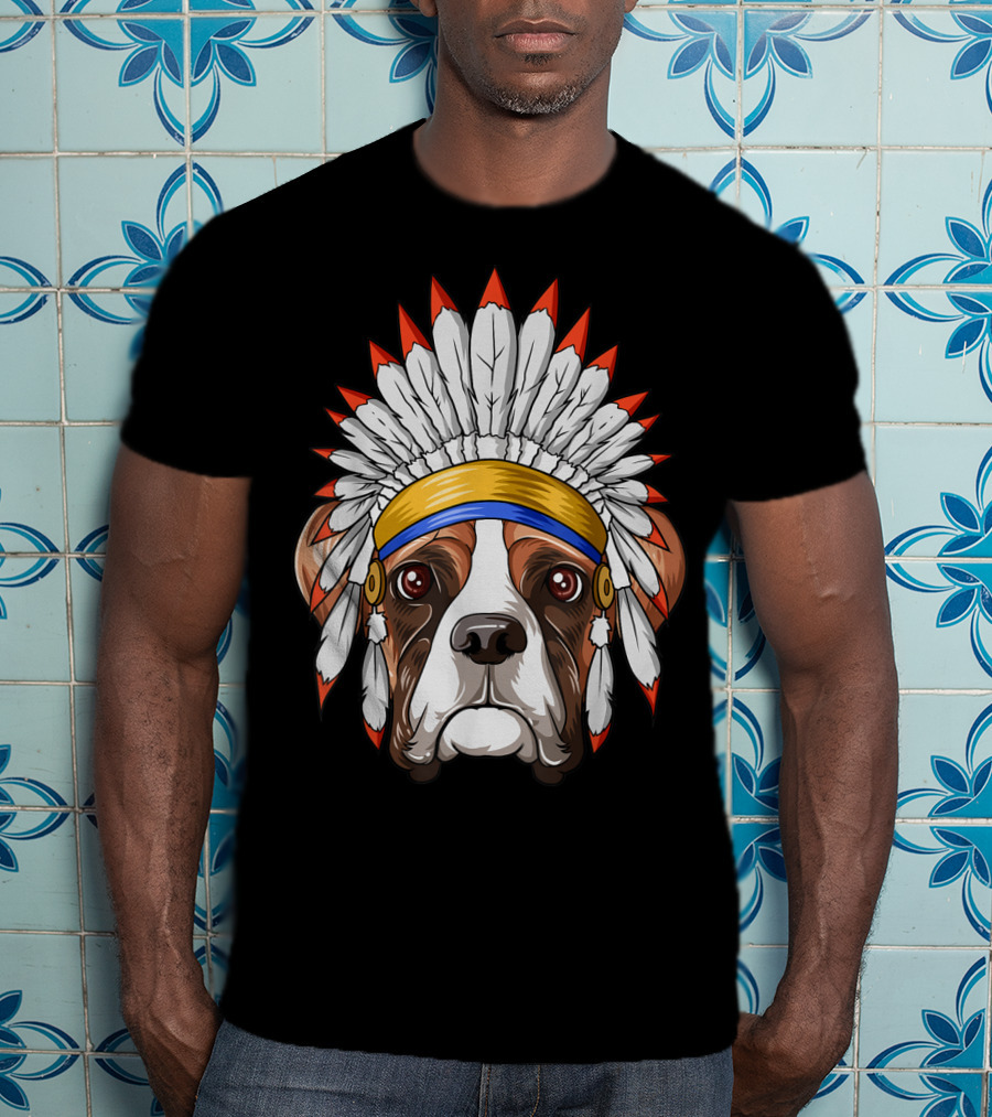 Native Indian American Boxer Feather Headdress Boxer Dog T-Shirt