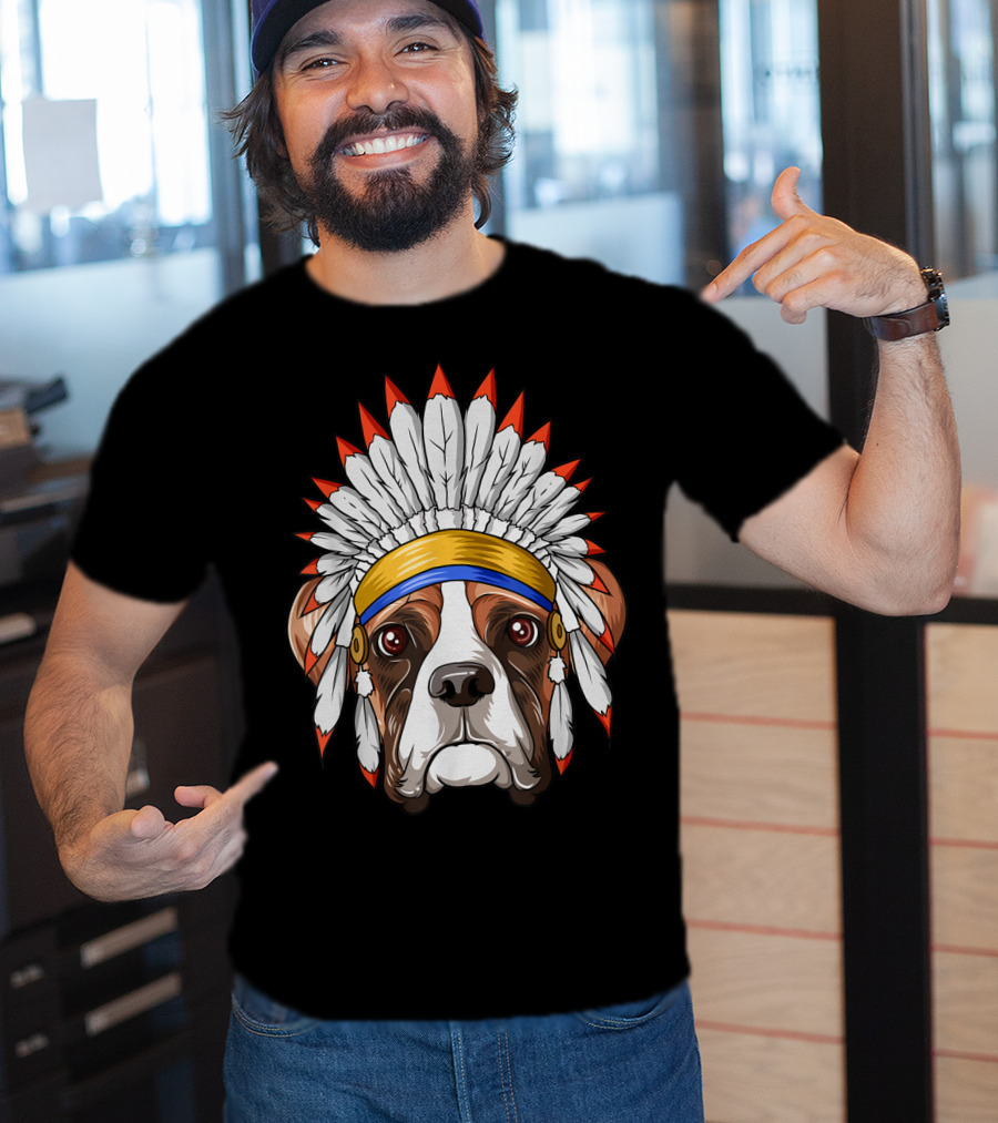 Native Indian American Boxer Feather Headdress Boxer Dog T-Shirt