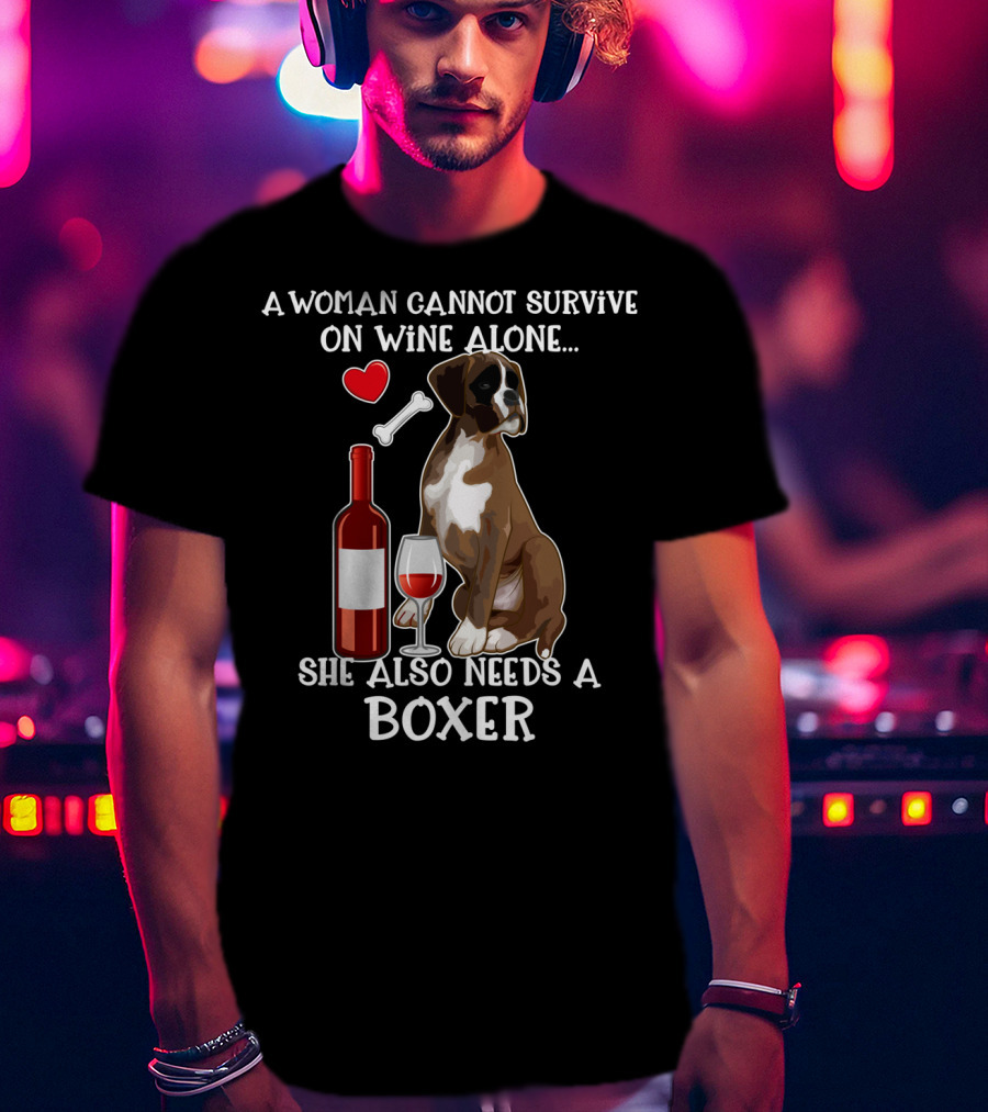 A Woman Cannot Survive On Wine Alone She Also Needs A Boxer T-Shirt
