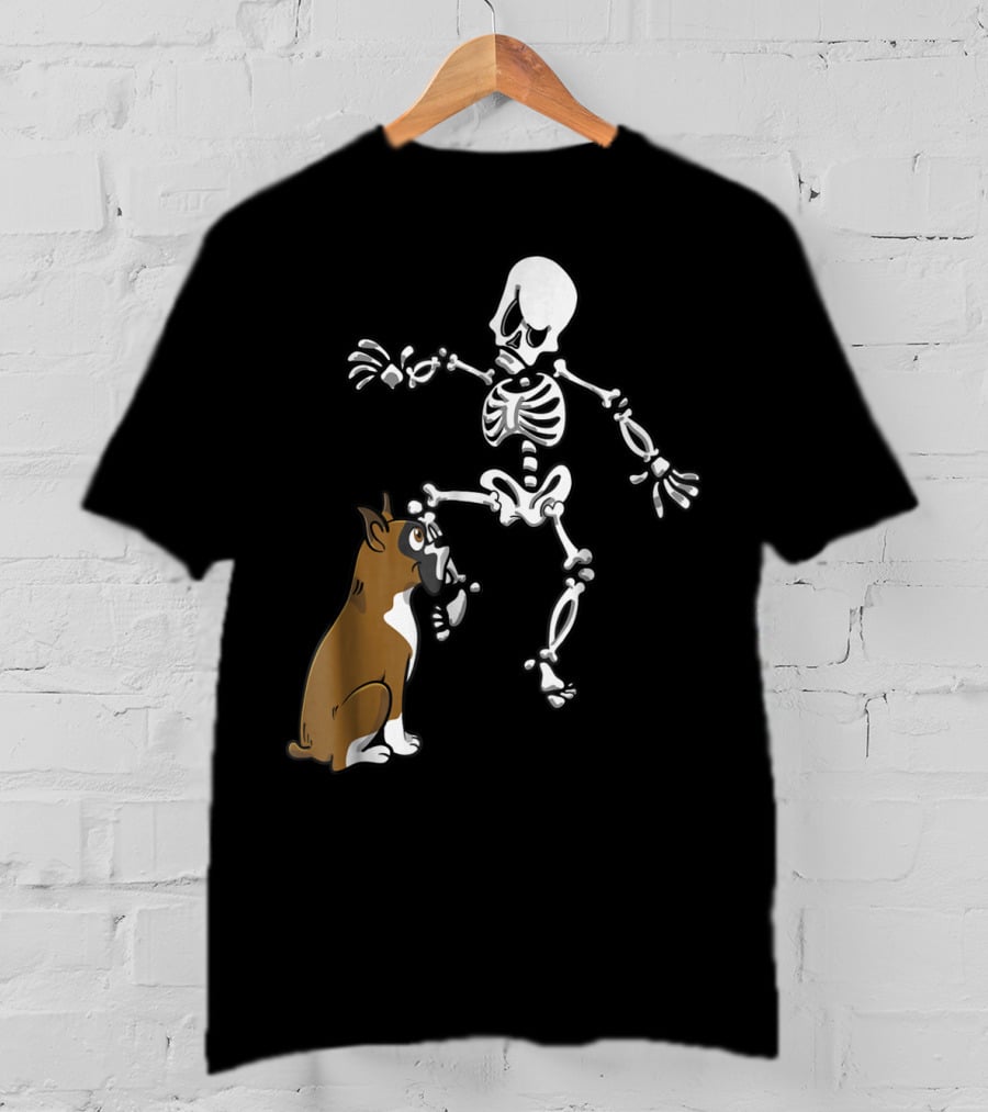 Boxer Dog Biting Skeleton Leg Halloween Dog Skeleton T-Shirt