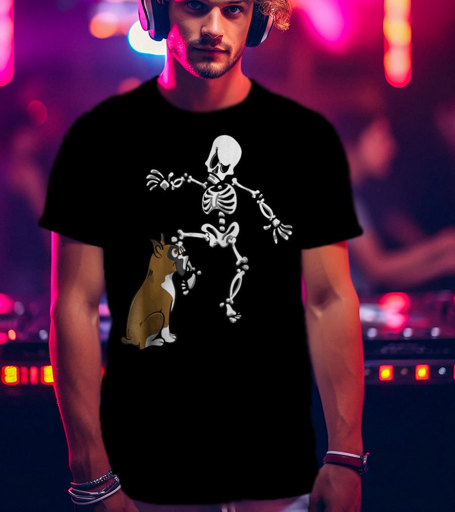 Boxer Dog Biting Skeleton Leg Halloween Dog Skeleton T-Shirt