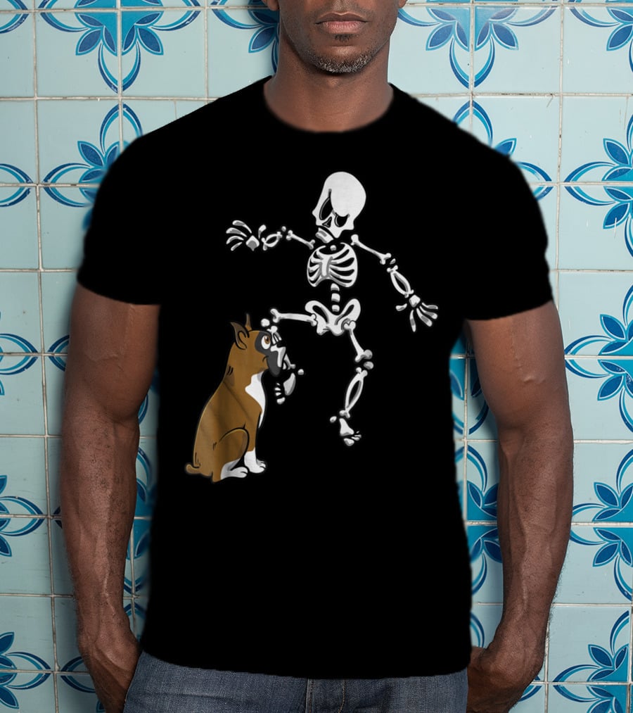 Boxer Dog Biting Skeleton Leg Halloween Dog Skeleton T-Shirt