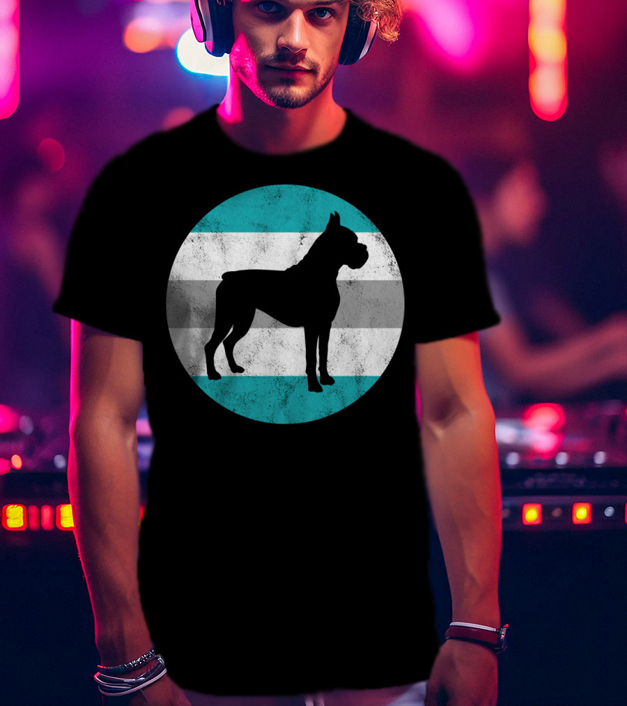 Boxer Dog Silhouette On Retro Striped Circle For Teens T-Shirt