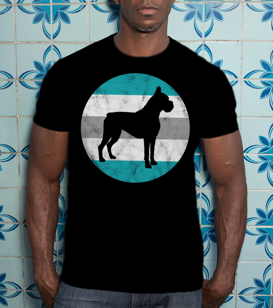 Boxer Dog Silhouette On Retro Striped Circle For Teens T-Shirt