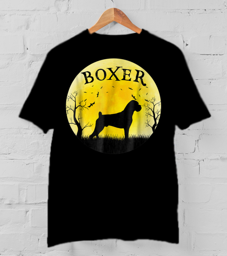 Boxer Dog Full Moon Halloween Bats Trees Vintage T-Shirt