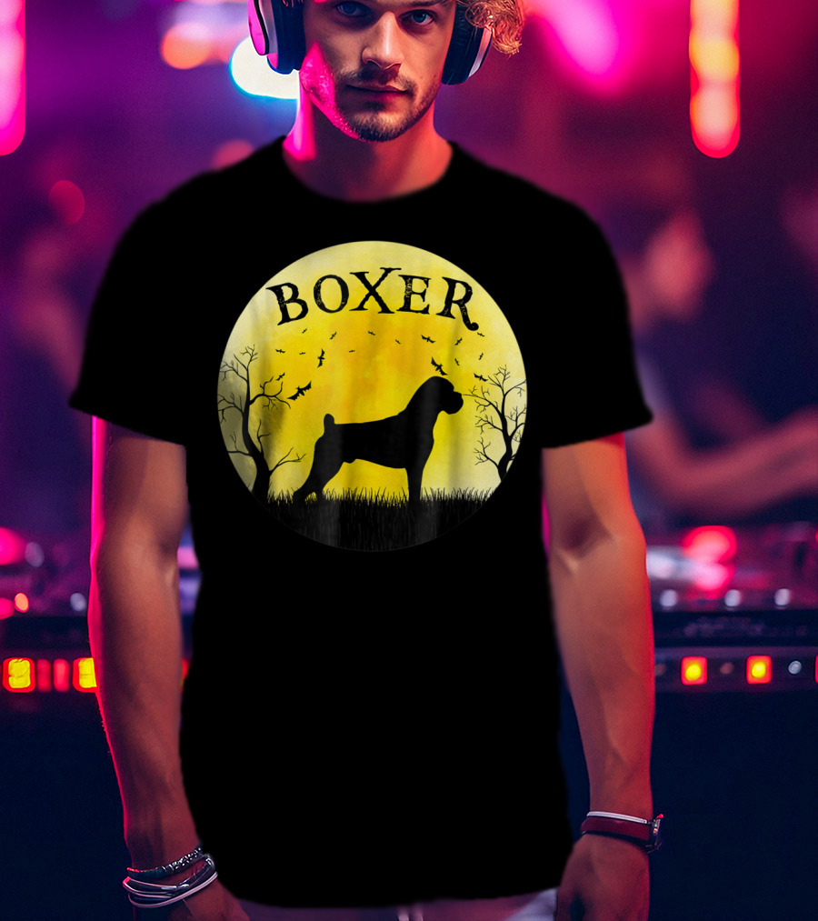 Boxer Dog Full Moon Halloween Bats Trees Vintage T-Shirt