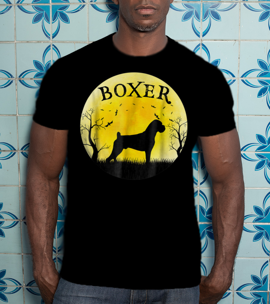 Boxer Dog Full Moon Halloween Bats Trees Vintage T-Shirt