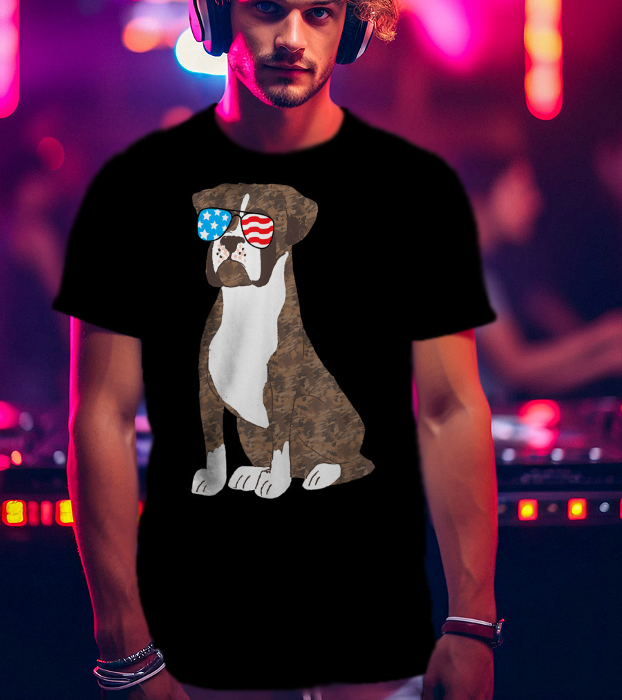 Patriotic Boxer Dog USA Flag Sunglasses Memorial Day T-Shirt