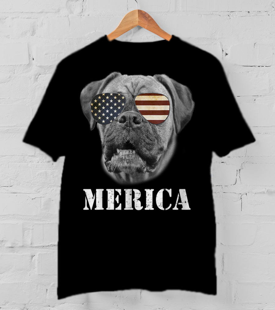 Merica Patriotic Boxer Dog With USA Flag Sunglasses T-Shirt